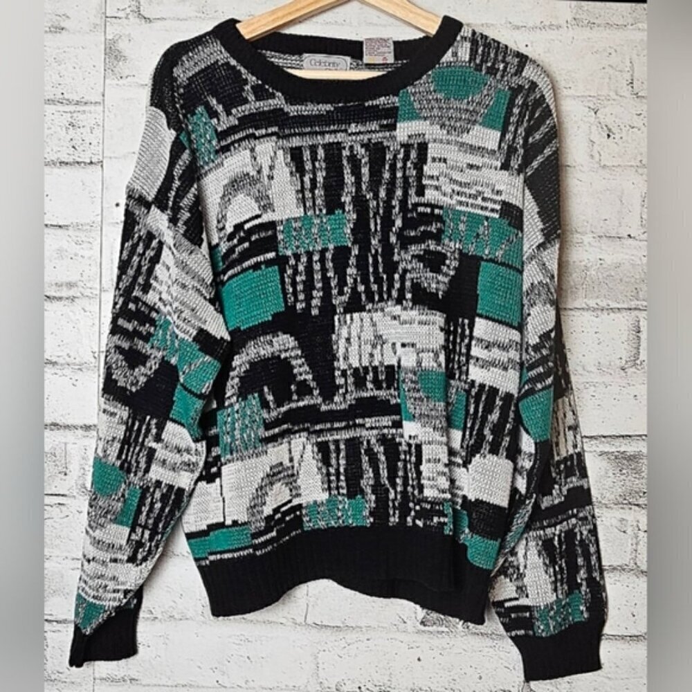 Vintage 80s Celebrity Club Wool Blend Abstract Knit Crewneck Sweater Large